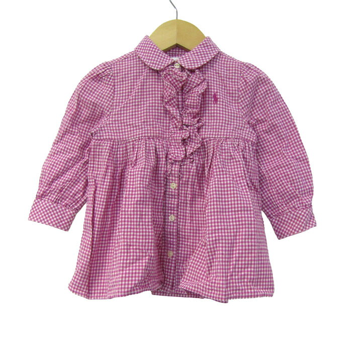 RALPH LAUREN ラルフローレン 長袖シャツ トップス ギンガムチェック柄 フリル ベビー 女の子用 12M80/48サイズ ピンク 【中古】
