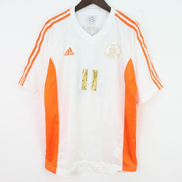 [良品] アディダス adidas XOサイズ ワンポイント Tシャツ メンズ 半袖 Vネック 3ライン スポーツウェア オレンジ ブランド古着 【中古】