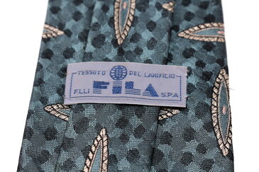 フィラ FILA 総柄 グリーン 緑 シルク 日本製 ブランド ネクタイ 送料無料 【中古】【良品】