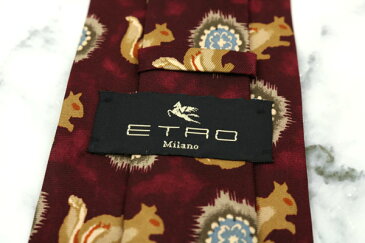 エトロ ETRO リス 伊製 シルク 動物柄 レッド シルク ブランド ネクタイ 送料無料 【中古】【良品】