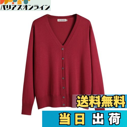 【送料無料】[Blostirno] カーディガン レディース Vネック ニット 綿 無地 厚手 オフィス ゆったり 春秋 (レッド, L)