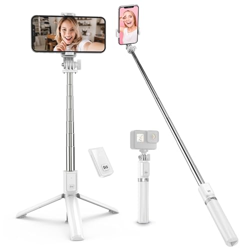 【送料無料】ATUMTEK 自撮り棒 100cm スマートフォン用コンパクト三脚 GoPro兼用 スマホスタンド 360°回転 Bluetoothワイヤレスリモコン付属 Android iPhone 対応 セルカ棒 ミニ三脚 テーブル三脚 WEB会議に (ホワイト)