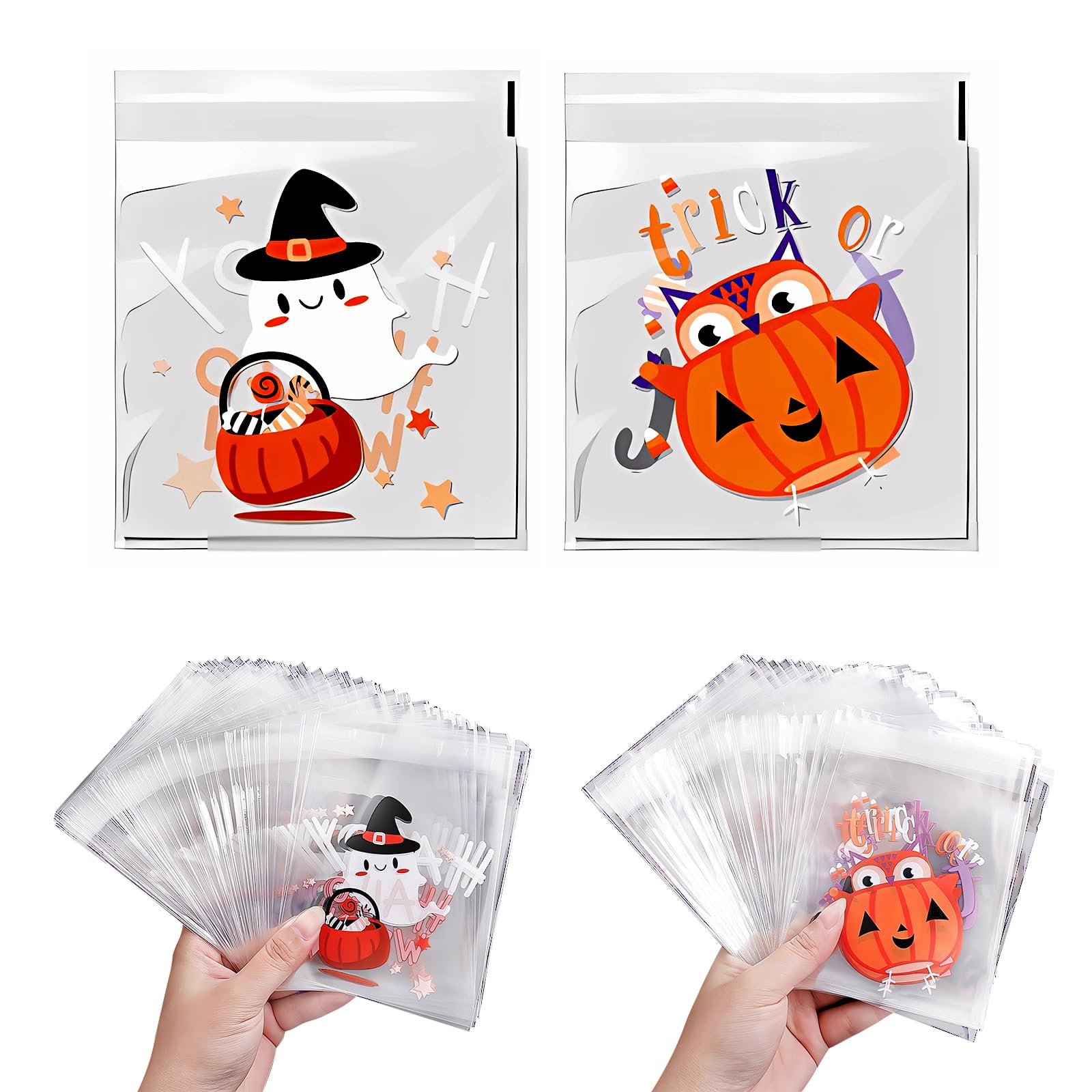 【送料無料】【BEAUTY PLAYER】ハロウィン ラッピング袋 100枚入り 10*10+3CM キャンディー お菓子袋 チョコレート クッキー かぼちゃ 幽霊 小物入れ ギフトバッグ シール袋 自己接着 プレゼント (かぼちゃ＋幽霊)