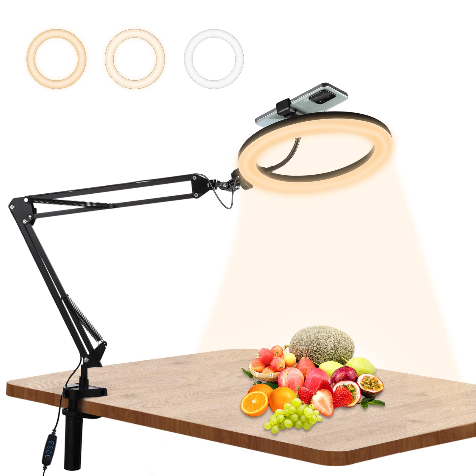 【送料無料】PULUZ LEDリングライトアーム式 26cm 俯瞰撮影用ライト スマホスタンド 料理撮影照明ライ..