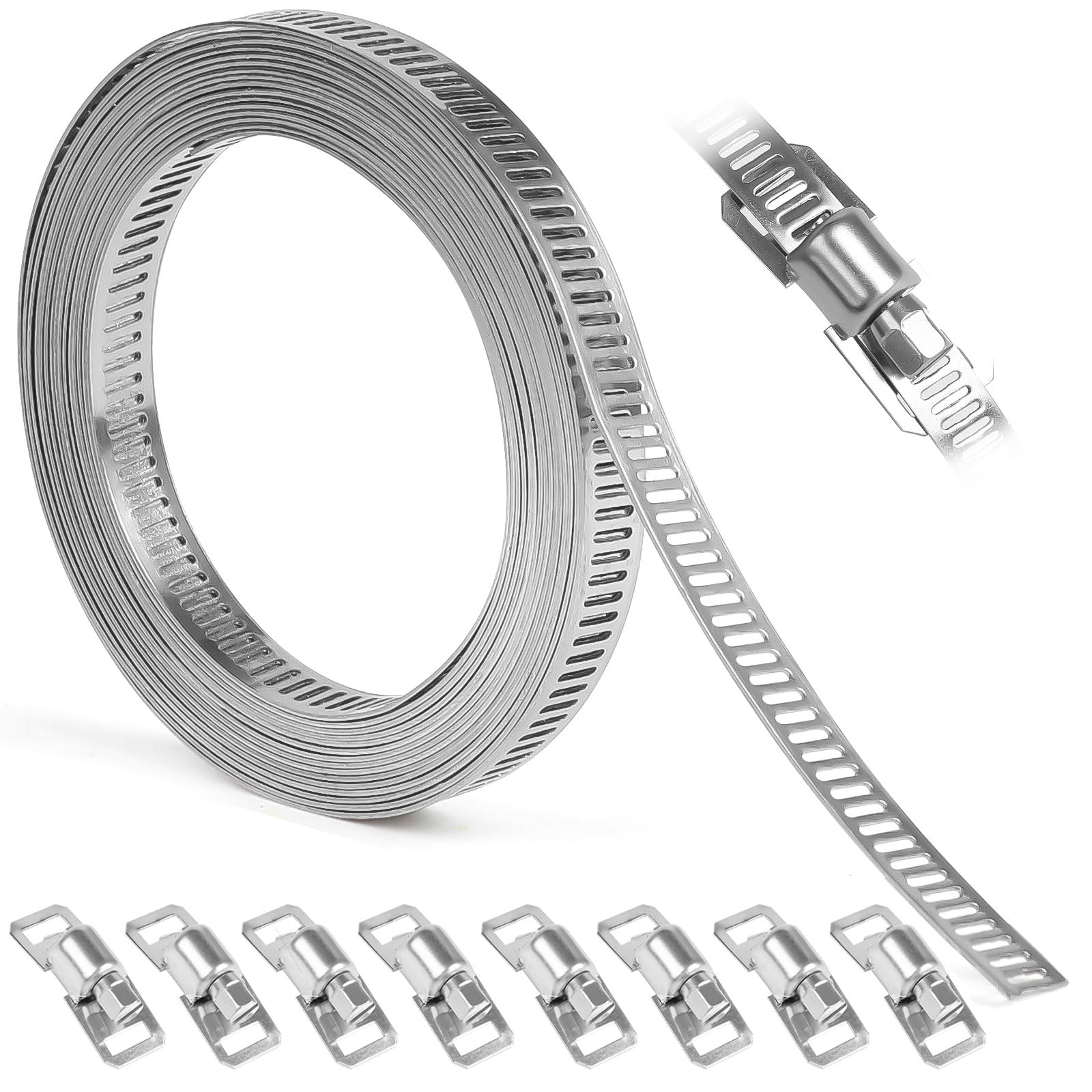 【送料無料】FINGOOO ホースバンド 304ステンレス 幅8mm×長さ3M・留め具8個 自在バンド バイクパーツ マフラーバンド 調整可能 強力固定 汎用 304ステンレス鋼 ネジ式 (幅8mm×長さ3M・留め具8個)