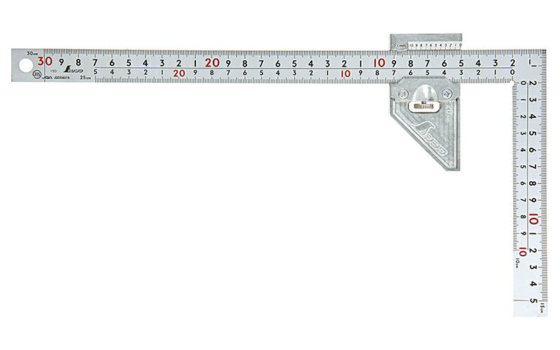 シンワ測定　12486 ／ 曲尺厚手広巾シルバー30cm表裏同目8段曲尺用ストッパー金属製付JIS