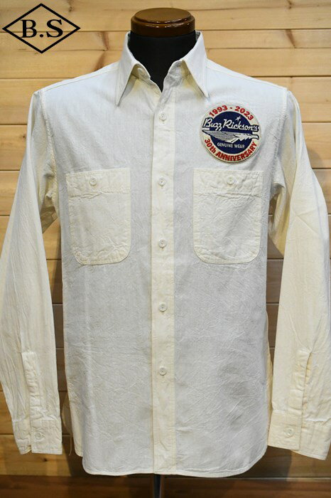 oYN\Y BUZZ RICKSONfS Vc BR29185 WHITE CHAMBRAY WORK SHIRTS BUZZ RICKSON'S 30th ANNIVERSARY MODEL WITH EMBROIDERED ItzCg
