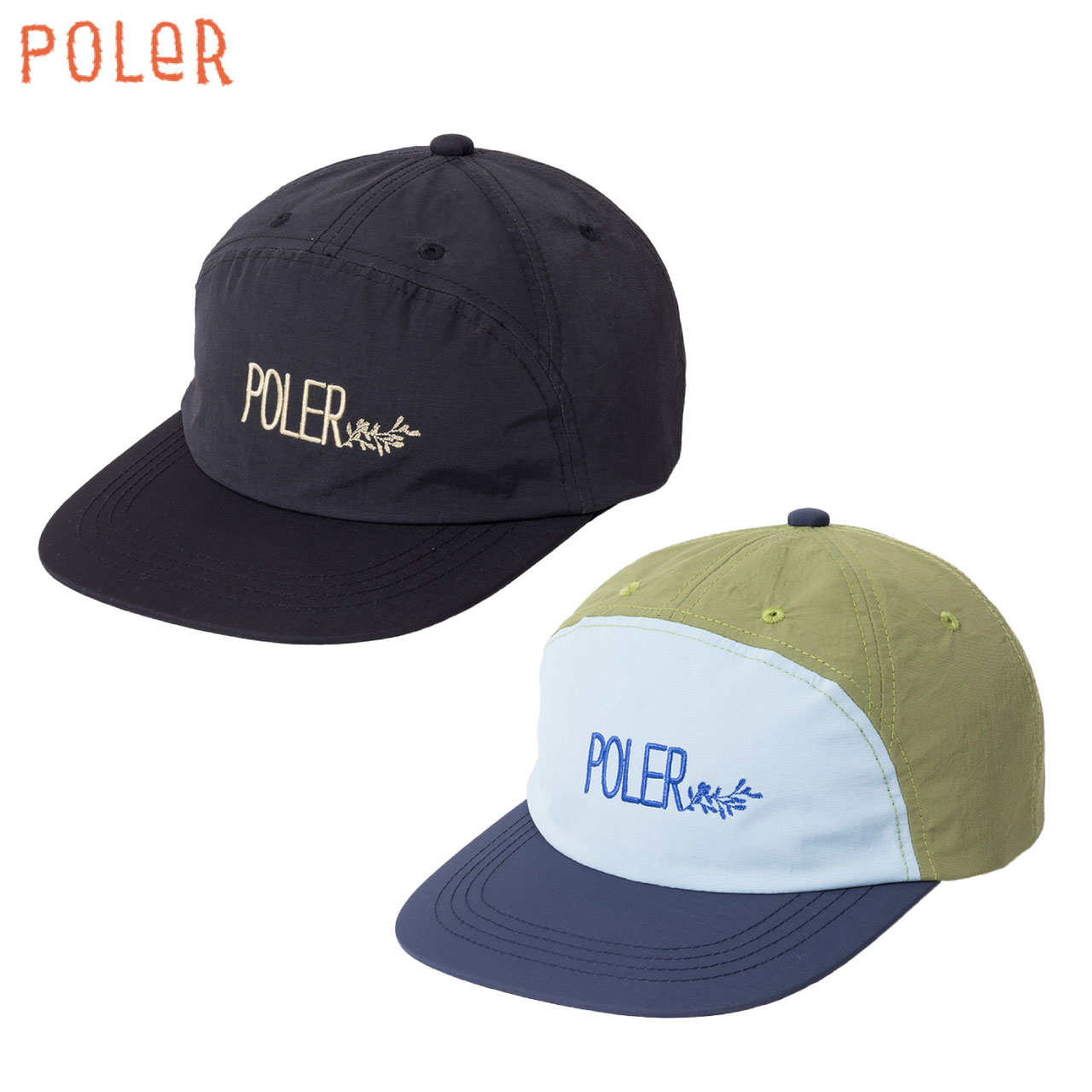 珍しい7パネル構造を採用したナイロンボディのキャップ。POLERらしい遊び心に溢れたロゴをフロントパネルにあしらいイナタさ満点で仕上げました。スタイリングのハズしに持って来ればコナれた印象を演出し、ファッション功者として一目を置かれること確実！ 仕様 サイズ：OS　 頭周：59cm 帽高：16.5cm ツバ：7cm 素材：ナイロン100％