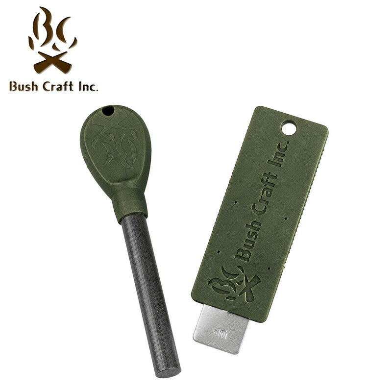 Bush Craft Inc.のファイヤースチール（メタルマッチ）です。 ファイヤースチールストライカーのスリーブ位置が改良され、より使いやすくなりました。 最上級・最大級※の火花を発生させるメタルマッチ。 火花の温度は3000℃に達し、あらゆる火種にたやすく着火します。 焚き火はもちろん、アウトドア用ガスストーブ等への着火も容易です。 水に濡れた場合でも水気を拭けば着火可能です。 着火しにくい火種の場合は火花が出ないようにロッドをゆっくりと削り、 ダストを溜めてから火花で着火するとダストが一気に発火し着火力の最大化が可能です。 ※ブッシュクラフト製品シリーズにおいて ファイヤースチール仕様 サイズ：約108×27×20mm/ロッド長約60mm/直径9.5mm 重量：55g 素材：樹脂、フェロセリウム ストライカー仕様 サイズ：約190×30×20mm 重量：19g 素材：樹脂、アルミ 収納状態 サイズ：約110×30×23mm 生産国：中国 &nbsp; 【製品取扱上のご注意】 ※本品は焚き火やアウトドア用ストーブ等に使用する着火道具です。屋外にてご使用ください。 ※本来の目的以外で使用しないでください。 ※高温の火花が発生します。火傷にご注意ください。 ※本品は消耗品です。使用頻度等の理由により製品寿命には個体差がございます。 ※子供の手の届かないところに保管してください。 &nbsp;