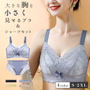 胸を小さく見せるブラ リボン ブラジャー ショーツ セット ナイトブラ ノンワイヤーブラ ショーツセット 脇高 設計 補正 補正下着 花柄 小さく見せるブラ 着...