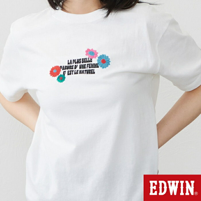 【2026SS新作】EDWIN エドウイン SOMETHING 刺繍半袖Tシャツ ホワイト サムシング ベーシック クルーネック フラワー刺繍 トップス 吸汗速乾 シンプル カジュアル デイリーユース レディース　ST658-6118　[ポイント10倍]