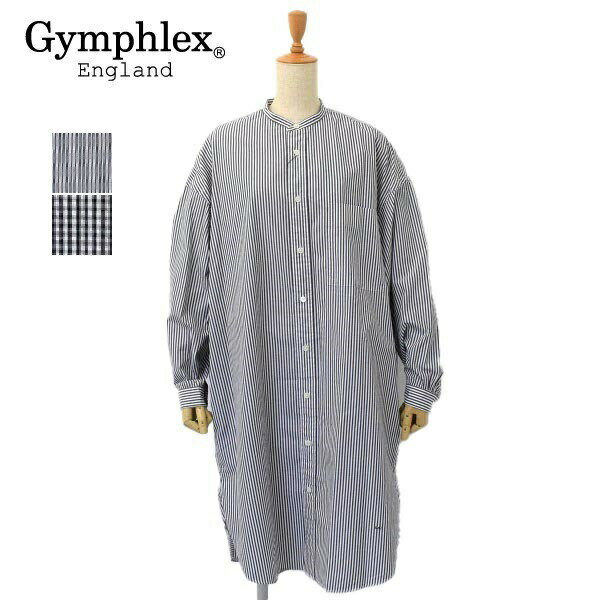レディース Gymphlex ジムフレックス 長袖 ノーカラーシャツチュニック オーバーサイズシャツ ストライプ ギンガム J-1363TSS