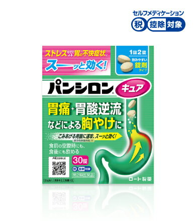 名称 【第2類医薬品】　パンシロンキュアSP錠　30錠 使用上の注意 してはいけないこと 1．次の人は服用しないこと　（1）本剤又は本剤の成分によりアレルギー症状を起こしたことがある人　（2）妊婦又は妊娠していると思われる人　（3）透析療法を受けている人 2．本剤を服用している間は，次のいずれの医薬品も服用しないこと：胃腸鎮痛鎮痙薬，乗物酔い薬 3．服用後，乗物又は機械類の運転操作をしないこと（目のかすみ，異常なまぶしさ等の症状があらわれることがある） 4．長期連用しないこと 相談すること 1．次の人は服用前に医師，薬剤師又は登録販売者に相談すること。　（1）医師の治療を受けている人　（2）授乳中の人　（3）高齢者　（4）薬などによりアレルギー症状を起こしたことがある人　（5）次の症状のある人：排尿困難　（6）次の診断を受けた人：緑内障，腎臓病，甲状腺機能障害，フェニルケトン尿症 2．服用後，次の症状があらわれた場合は副作用の可能性があるので，直ちに服用を中止し，添付文書を持って医師，薬剤師又は登録販売者に相談すること。 関係部位 症状 皮膚 発疹・発赤、かゆみ 消化器 はきけ，胃部膨満感 循環器 動悸 泌尿器 排尿困難 その他 目のかすみ まれに次の重篤な症状が起こることがある。その場合は直ちに医師の診療を受けること。 症状の名称 症状 アナフィラキシー様症状 服用後すぐに，皮ふのかゆみ，じんましん，声のかすれ，くしゃみ，のどのかゆみ，息苦しさ等があらわれる 無顆粒球症 突然の高熱，さむけ，のどの痛み等があらわれる 3．服用後，次の症状があらわれることがあるので，このような症状の持続又は増強が見られた場合には，服用を中止し，添付文書を持って医師，薬剤師又は登録販売者に相談すること。　便秘，下痢，口のかわき 4．2週間位服用しても症状がよくならない場合は服用を中止し，添付文書を持って医師，薬剤師又は登録販売者に相談すること。 効能・効果 胃痛，胸やけ，胃酸過多，胃部不快感，胃部膨満感，もたれ（胃もたれ），胃重，胸つかえ，げっぷ（おくび），吐き気（むかつき，胃のむかつき，二日酔・悪酔のむかつき，嘔気，悪心），嘔吐，飲み過ぎ（過飲） 用法・用量 次の1回量を1日3回食前または食後に，水又はお湯で服用すること。 年齢 1回量 1日服用回数 15歳以上 2錠 3回 15歳未満 服用しないこと ●用法・用量に関連する注意●(1)用法・用量を厳守すること。 成分・分量 6錠中 成分 分量 水酸化マグネシウム 450mg 合成ヒドロタルサイト 780mg 沈降炭酸カルシウム 900mg アルジオキサ 150mg ピレンゼピン塩酸塩水和物 46.9mg 炭酸水素ナトリウム 240mg チンピ末 300mg 添加物 L-アルギニン，D-マンニトール，ヒドロキシプロピルセルロース，軽質無水ケイ酸，クロスカルメロースナトリウム(クロスCMC-Na)，アスパルテーム(L-フェニルアラニン化合物)，ステアリン酸マグネシウム，l-メントール，香料 保管及び取扱いの注意 （1）直射日光の当たらない湿気の少ない涼しい所に保管すること。（2）小児の手の届かない所に保管すること。（3）他の容器に入れ替えないこと。（誤用の原因になったり品質が変わる）（4）使用期限を過ぎた製品は服用しないこと。なお，使用期限内であっても，一度開封した後はなるべく早く使用すること。（5）まれに錠剤に黒い点がみられるが品質には問題ない。 お問い合わせ先 ロート製薬（株）　お客さま安心サポートデスク06-6758-1230　9：00〜18：00（土，日，祝日を除く） 製造販売元 ロート製薬株式会社大阪市生野区巽西1-8-1 区分 日本製・第2類医薬品 広告文責 株式会社IRIS　06-6955-8851