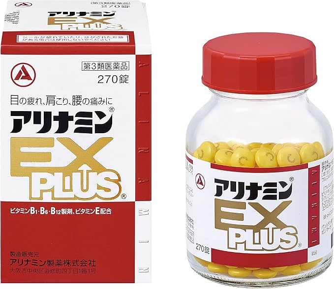 【製品特徴】 Point 1 抗疲労成分「フルスルチアミン」に加え、神経の機能維持に関わるビタミンB6・B12を配合。目の疲れや肩こり、腰痛の症状によく効きます。 Point 2 あらゆる代謝に関与するパントテン酸カルシウム、カラダのすみずみの血液循環に関わるビタミンE、ビタミンB1・B6・B12の働きを助けるガンマーオリザノールも配合しています。 Point 3 疲れがたまって、目、肩、腰がつらい方におすすめです。 Point 4 15歳以上から服用でき、1日1回でよく効きます。 【効能】 1.次の諸症状の緩和 眼精疲労、筋肉痛・関節痛（肩こり、腰痛、五十肩など）、神経痛、手足のしびれ 2.次の場合のビタミンB1B6B12の補給 肉体疲労時、病中病後の体力低下時、妊娠・授乳期 ※ ただし、上記1の症状について、1ヵ月ほど使用しても改善がみられない場合は、医師または薬剤師に相談すること。 【用法・用量】 次の量を、食後すぐに水またはお湯で、かまずに服用すること。 年齢 1回量：1日服用回数 15歳以上 2〜3錠：1回 15歳未満 ：服用しないこと ＜用法・用量に関連する注意＞ 用法・用量を厳守すること。 【成分】 3錠（1日最大服用量）中 成分 含量 ・フルスルチアミン （ビタミンB1誘導体）として　：100mg【109.16mg】 【フルスルチアミン塩酸塩】 ・ピリドキシン塩酸塩（ビタミンB6）：100mg ・シアノコバラミン（ビタミンB12）：1,500μg ・トコフェロールコハク酸エステルカルシウム （ビタミンEコハク酸エステルカルシウム） 【dl－α－トコフェロールコハク酸エステルとして】：103.58mg【100mg】 ・パントテン酸カルシウム 30mg ・ガンマーオリザノール 10mg 【注意事項】 〈相談すること〉 1.次の人は服用前に医師、薬剤師または登録販売者に相談すること (1)医師の治療を受けている人。 (2)薬などによりアレルギー症状を起こしたことがある人。 2.服用後、次の症状があらわれた場合は副作用の可能性があるので、直ちに服用を中止し、この文書を持って医師、薬剤師または登録販売者に相談すること 　　　(関係部位：症状) 　　　皮膚：発疹・発赤、かゆみ 　　　消化器：吐き気・嘔吐、口内炎、胃部不快感 3.服用後、次の症状があらわれることがあるので、このような症状の持続または増強が見られた場合には、服用を中止し、この文書を持って医師、薬剤師または登録販売者に相談すること 　　　軟便、下痢、便秘 4.1ヵ月位服用しても症状がよくならない場合は服用を中止し、この文書を持って医師、薬剤師または登録販売者に相談すること 5.服用後、生理が予定より早くきたり、経血量がやや多くなったりすることがある。出血が長く続く場合は、この文書を持って医師、薬剤師または登録販売者に相談すること 〈保管及び取扱い上の注意〉 (1)直射日光の当たらない湿気の少ない涼しい所に密栓して保管すること。 (2)小児の手の届かない所に保管すること。 (3)他の容器に入れ替えないこと(誤用の原因になったり品質が変わる)。 (4)ビンの中の詰め物は、フタをあけた後はすてること(詰め物を再びビンに入れると湿気を含み品質が変わるもとになる。詰め物は、輸送中に錠剤が破損するのを防止するためのものである)。 (5)服用のつどビンのフタをしっかりしめること(吸湿し品質が変わる)。 (6)使用期限を過ぎた製品は使用しないこと。 (7)箱とビンの「開封年月日」記入欄に、ビンを開封した日付を記入すること。 (8)一度開封した後は、品質保持の点から開封日より6ヵ月以内を目安になるべくすみやかに服用すること。 【お問い合わせ】 本製品内容についてのお問い合わせは、下記にお願い申しあげます。 アリナミン製薬株式会社「お客様相談室」 0120-567-087 受付時間：9：00-17：00(土、日、祝日を除く) 製造販売元：アリナミン製薬株式会社 541-0045 大阪市中央区道修町四丁目1番1号 広告文責 株式会社IRIS　06-6955-8851 区分 日本製・医薬品