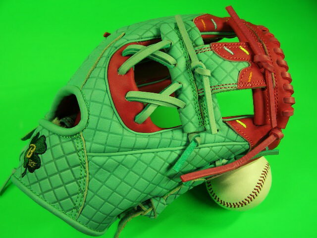 型付け無料 ベースボールフィールド 内野用 大きめサイズ 型押し革 ミントグリーン×ピンク 硬式野球用 ソフトボール用 BASEBALL FIELD オーダー 珍しい グローブ