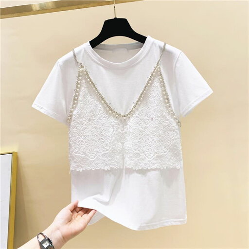 レース レイヤード風 カットソー Tシャツ 半袖 トップス 韓国 白 レース レイヤード風 カットソー Tシャツ 半袖 トップス 韓国 白