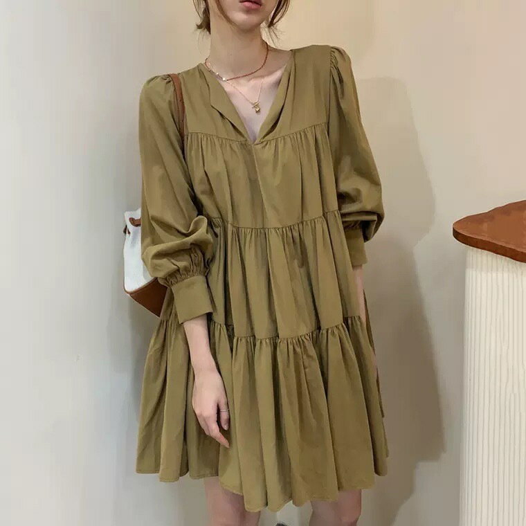 カジュアル 無地 長袖 ワンピース おしゃれ ヘンリーネック ミニ