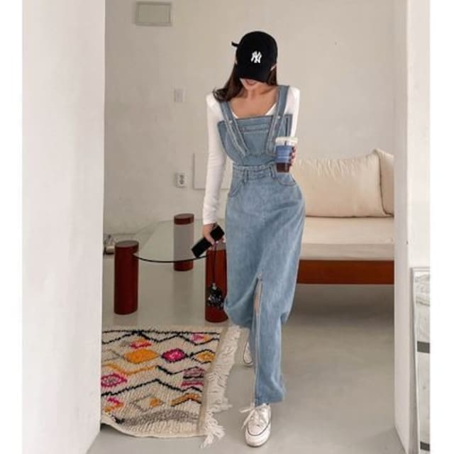 オールインワン デニム ジャンパースカート ロング丈