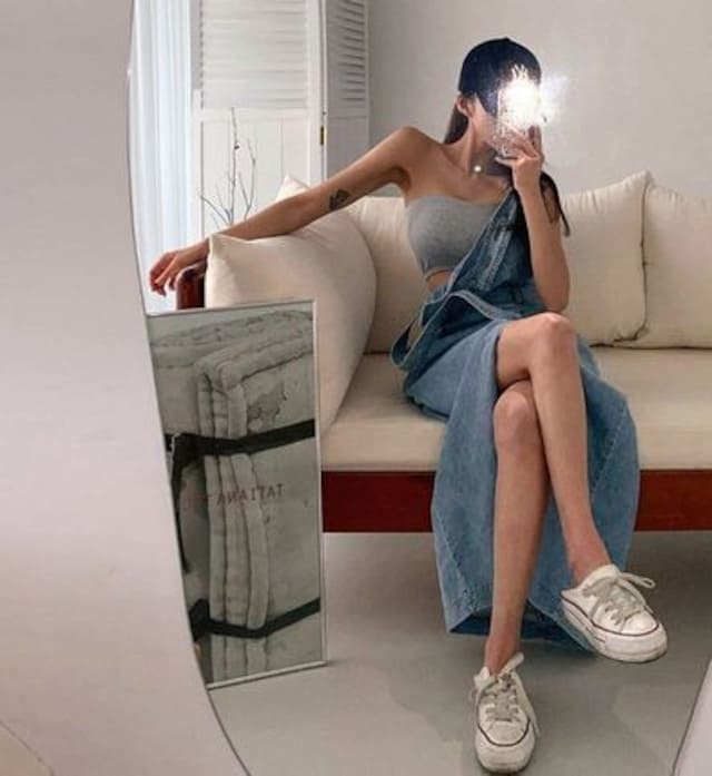 オールインワン デニム ジャンパースカート ロング丈