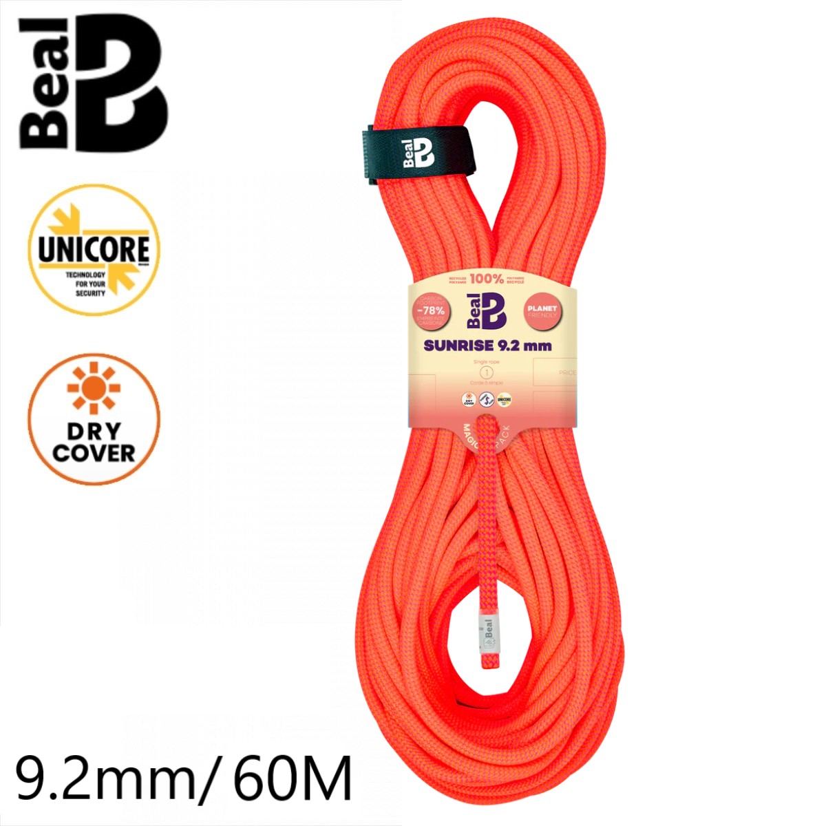【 ベアール 9.2mm サンライズ ユニコア 60m ドライカバー オレンジ 】 従来の製造工程より二酸化炭素排出量を78%削減 軽量で手繰りやすい上級者向けの細径モデル