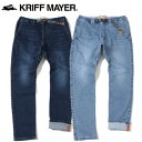 【KRIFF MAYER クリフメイヤー ストレッチデニムクライミングパンツ 1424008A】 デイリー＆ベーシックに穿きまわせるストレッチデニムクライミングパンツ。 ウエストはゴム＋ウェビングベルトでイージーにフィット◎ ベルトループが付いているので、ウォレットチェーンやチョークバッグ、キーリング、キーフック、カラビナなども取り付け可能です。 クライミングパンツの特徴的ディテールである、180度開脚できるほどの可動域を発揮する股下に配したガゼットクロッチと、のびのびストレッチで動きやすさ抜群。 ヒップ周りと腿周り（ワタリ）はややワイドなサイジングですが、裾にかけてテーパードさせ、動きやすさとシルエットを両立させています。 アウトシームにカラーテープも配していますので、ロールアップもオススメ。 アウトドア、ファミリーキャンプ、ファミリーキャンプやアメカジなど幅広いシーンで活躍するKRIFF MAYERの一押しボトムスです！ ユーズドの風合いを表現したディープブルー・ライトブルーで展開です。 素材： 本体 綿98%、ポリウレタン2% 別布 ポリエステル65%、綿35% 参考モデル： 168cm 62kg M着用 ※当店ではお客様都合による返品、返金は受け付けておりません。 誠に恐れ入りますが、ご理解の上ご購入にお進みいただければと存じます。 詳細につきましては、会社概要をご覧くださいませ。