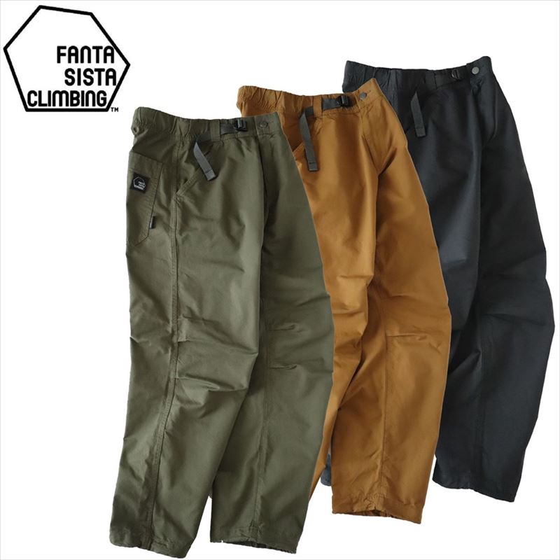 【FANTASISTA CLIMBING Lightning pants】 ドライで、ライトで、無骨なボルダーパンツ。 Lightning pants : ライトニングパンツは、フラッシュ(一撃)を彷彿とさせる[ Lightning : 稲妻 ] と [ Light：軽い ]を掛け合わせて命名されました。 「太くて軽くて丈夫な、無骨なヤツが欲しいんだ」という、ボルダラー達の声で誕生。 一撃を狙うクライマーを強力にサポートします。 ■MATERIAL 生地はヨコ糸にCORDURA(コーデュラ)ファブリックを使用したチノクロス。 コットン53％・ナイロン 47％と軽量でなおかつ薄手の素材は、まさに勝負トライのクライマーにうってつけの素材です。 さらに、これまであった軽量薄手のクライミングパンツにはない、耐久性に優れた素材となっています。 CORDURAファブリックは、インビスタ社によって認定されたファブリックコレクションであり、長期にわたる耐久性に備え、摩擦に強く、破れにくく擦り切れにくい事が認められていて、世界中の多くの軍隊から信頼を得ているファブリック・ブランドです。 ガサガサした不快感がない快適な肌触りと、乾きやすさが特徴。 外岩では真冬以外の時期に、ジムでは一年を通して活用できる素材感です。 太すぎない細すぎないシルエット、ハードにもマイルドにも履ける印象。 ・ウエスト仕様 ウエストはゴム + ベルト内蔵です。 前明きより脇側に備え付けバックルのタイプなので、着用時に足を通してボタンを締めたら装着完了。このワンムーヴで着脱できる軽快さ、ご想像以上に快適さを感じて頂けるはず。調整ベルトの位置が握りやすい脇側寄りにあるため、ここぞの気合を入れる時にも締めやすい設計です。 ・腰回りの安定感 股上はやや深めの設定により、安心感のあるウエスト回りに拘っています。 ウエストがずれ落ちたり、背中が見えたりという不安定さが起こりにくい設定です。 さらにウエストゴムが太めなところも安定感を生むポイント。男女共の安定感を検証し微調整を繰り返したので、多くの方に快適性を感じて頂けるはず。 ・独自の股ぐり設計 運動性と着用性の両立を実現するのに必要だったのは、生地分量とカーブの、絶妙なパターンの微調整でした。 一見よくある股下ガゼット仕様ですが、ストレッチではない生地をストレスフリーな足上げに至るまで、試作と試登を重ね、最高の股ぐりが完成。 ・ポケット 両脇＋右後ろの3ポケット。 前ポケットの袋布は、片面にメッシュ生地を採用。 左右で通気され、体温・蒸れを逃がしやすくしています。 ・裾 ドローコード（ゴム紐 + ストッパー）があり、調整可能です。 ・Made in Japan 生産地は、カジュアルウェア産業が盛んな広島。 ワークウェアに特化した縫製工場にご協力頂き、国内生産が実現。 職人の手で一点一点縫い上げて頂いています。 ■サイズ感（cm）： ＊日本の標準的なメンズサイズです ＊ユニセックス商品です(Sサイズ→ウィメンズM〜Lサイズ相当） XS： ウエスト62〜70　ヒップ100　股上22　股下71　もも幅69　総丈94　すそ幅19 S： ウエスト66〜74　ヒップ104　股上23　股下73　もも幅72　総丈97　すそ幅20 M： ウエスト70〜78　ヒップ108　股上24　股下75　もも幅75　総丈100　すそ幅21 L： ウエスト74〜82　ヒップ112　股上25　股下77　もも幅77　総丈103　すそ幅22 ■参考モデル 168cm/60kg カーキ S着用 キャメル M着用（ジャスト） ※当店ではお客様都合による返品、返金は受け付けておりません。 誠に恐れ入りますが、ご理解の上ご購入にお進みいただければと存じます。 詳細につきましては、会社概要をご覧くださいませ。