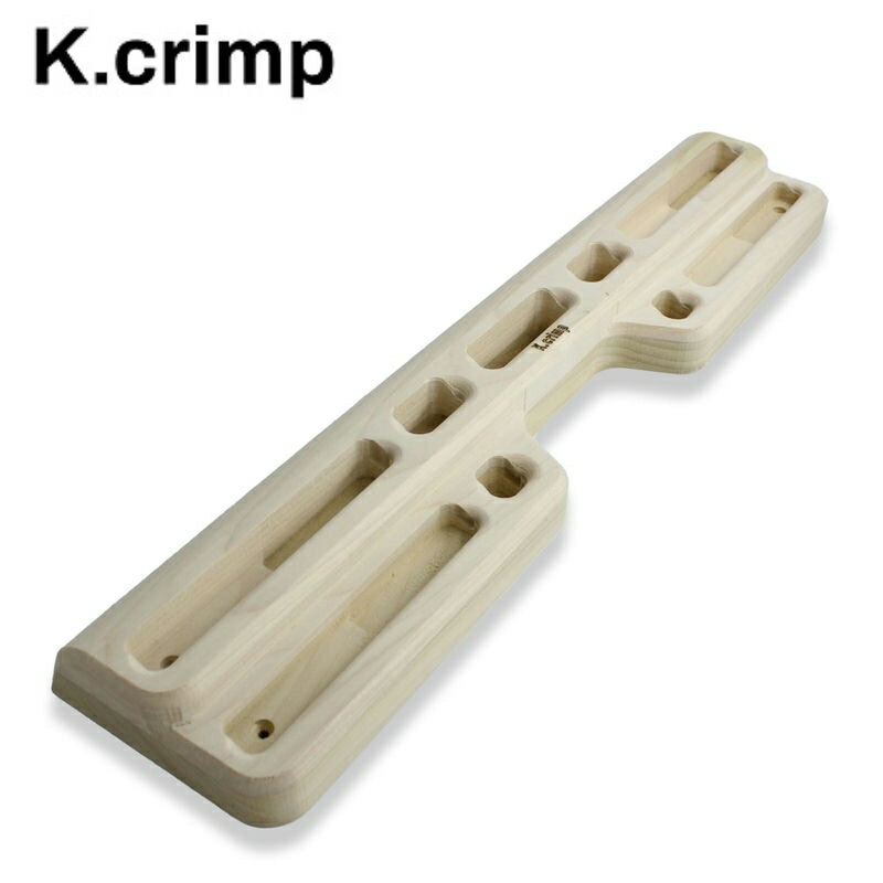 【K.crimp Kボード ファーストパワー】 シンプルだからこそ強くなれるハングボードが新登場。 クライミング中級者から上級者のためのトレーニングボードです。 ミニマムなボードに保持力強化に必須なホールドを配置。 バランスの良いトレーニングを実現します。 素材：広葉樹無垢材 製法：100%CNC切削　 取付対応角度：90° 内容：本体＋取付用ビス サイズ：W600mm×H140mm×T45mm ホールド形状： ・ラウンドスローパー ・4サイズのフラットエッジ（25mm/20mm/15mm/10mm） ・フラットジャグ（35mm） ・2フィンガーポケット（30mm） ・モノポケット（25mm） Made in Okutama Japan ■Caution ※無垢の木のため木目が様々です。 ※トレーニング以外の用途には使用しないでください。 ※当店ではお客様都合による返品、返金は受け付けておりません。 誠に恐れ入りますが、ご理解の上ご購入にお進みいただければと存じます。 詳細につきましては、会社概要をご覧くださいませ。