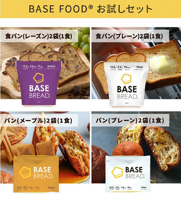 BASE BREADセット ミニ食パン・プレーン ミニ食パン・レーズン プレーン メープル 各2袋 完全栄養食 | basefood 食パン 栄養 置き換え ダイエット 食 品 低 糖質 オフ タンパク質 おやつ 間食 ベースブレッド ロールパン ベースフード 糖質制限 保存食 ローリングストック 2