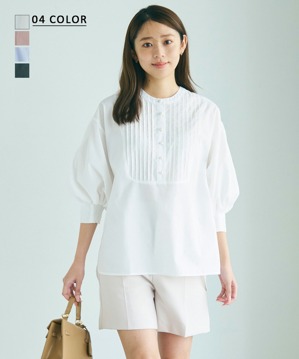 【クーポン利用で4,257円 4/16(火)12時40分~23時59分まで】ピンタックバルーンブラウス ｜ ブラウス パール 袖ゴム トップス ブラウス きれいめブラウス オフィス 体型カバー セレモニー シワになりにくい ノーアイロン ｜【宅配便】cpn (一部予約6月1日~5日以内順次発送)のサムネイル