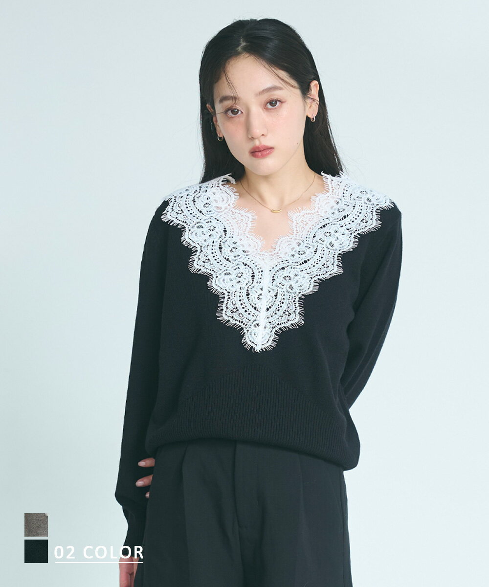 【クーポンで3,960円 11/18(火)12時40分~23時59分まで】Vネックレースニット｜Vネックニット Vネック レース ベーシック 長袖 シンプル スッキリ カジュアル 綺麗め オフィス オフィスカジュアル 【宅配便】 cpn(予約12月16日~20日以内順次発送)
