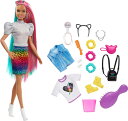 Barbieバービー ドール レオパードレインボーヘア カラーチェンジハイライト&16のスタイリングアクセサリー 服 シュシュ ブラシ他