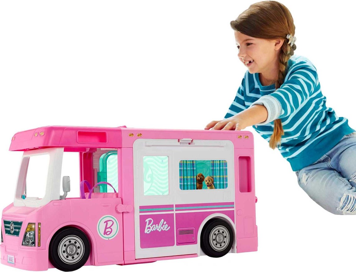 バービー 3-in-1 ドリームキャンピングカー プレイセット おもちゃ 変形機能付き キャンピングカー プール ボート トラック アクセサリー60点
