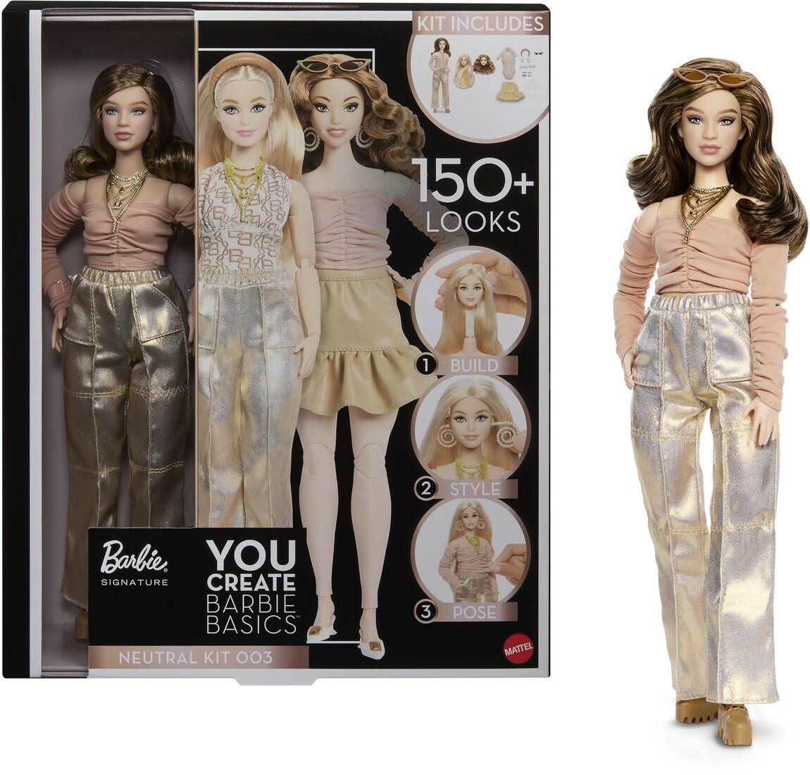 PRODUCT DETAILS バービー ベーシックス ユークリエイト ニュートラルキット 003 着せ替え人形 カスタマイズドール ヘッド交換可能 可動ボディ【商品仕様】・ アイテム種別：着せ替え人形・カスタマイズセット・ セット内容：ドール本体、交換用ヘッド2種、衣類4点、シューズ2足、アクセサリー6点・ ボディ仕様：関節可動ボディ（Made-to-Move）・ 素材：プラスチック、布【特徴】・ 3種類の異なるヘアスタイル（ブロンドのアップスタイル、レッドのカールヘア、ブロンドのロングウェーブ）のヘッドが付属し、自由に交換可能です。・ ゴールドのパラシュートパンツ、レザー調のスカート、サングラス、ネックレスなど、ニュートラルカラーで統一されたファッションアイテムが揃っています。・ 関節が動く可動ボディを採用しており、様々なポーズをとらせることが可能です。・ 伸縮性のある素材を使用したユニバーサルフィットの衣類により、複数のアイテムを組み合わせて150通り以上のルックを作ることができます。・ 付属のヘッドコネクタを使用することで、コレクター自身がドールの外見をカスタマイズして楽しめます。 ■ 商品について 海外輸入品（説明書は英語表記の場合あり） ■ ご注意 ・掲載画像は実物に近い色味になるよう調整しておりますが、ご利用の環境により差異が生じる場合があります。・複数店舗で在庫を共有しているため、ご注文後に在庫切れとなる場合がございます。 ■ 納期について お届けの目安を必ずご確認ください。 海外正規ルート仕入れ品 海外ブランド ▼ 海外正規ブランド店 正規代理店 ▼ 当 店 ※本商品は並行輸入品です 製造元は正規品と同一のブランド・メーカーです。当店では海外正規ルートより仕入れた商品を取り扱っております。流通ルートが異なるのみで、商品自体に違いはございません。 ── 当店の商品について ── 正規品のみ取り扱い 海外正規店・正規代理店から商品を直接仕入れ、国内に輸入して販売しております。 日本未入荷・海外限定モデルも多数 日本未入荷・海外限定モデルも多数取り扱っております。サイズ・カラー違いや海外限定で販売された製品など、日本では手に入りにくいアイテムをお届けいたします。 お求めやすい価格の理由 海外市場での価格差や流通ルートの違いにより、国内販売価格よりお求めやすくなっております。品質はそのままに、よりお手頃な価格でお届けいたします。 安心保証 ご使用前に万が一、製品に不具合がございました場合は、交換または商品代金のご返金にて対応させていただきます。商品到着後5日以内にご連絡ください。 ご注意 海外からの輸入品となります。海外輸送のため、外箱に軽微なスレ等がある場合がございますが、商品本体には影響ございません。 ※在庫状況は仕入先の在庫情報をもとに出来る限り正確に表示しておりますが、取寄せ商品のため、タイミングによりご注文後に欠品・キャンセルとなる場合がございます。 お探しの商品がございましたら、お気軽にご相談ください。