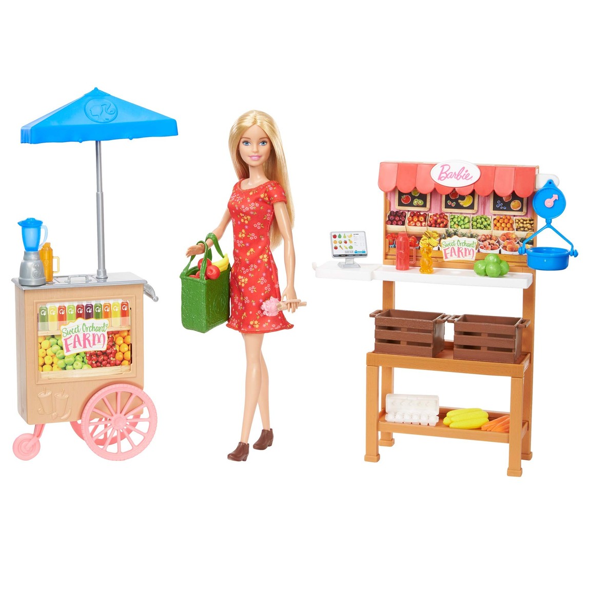 PRODUCT DETAILS バービー ファームマーケット プレイセット 人形 赤いワンピース 野菜 果物 おままごと おもちゃ【商品仕様】・ 商品内容：バービー人形（赤いワンピース・ブーツ着用）、マーケットスタンド、カゴ、計り、野菜・果物パーツ一式・ 対象年齢：3歳以上・ アイテム種別：ドール・プレイセット・ 素材：プラスチック、布等【特徴】・ 農場の直売所をテーマにしたバービーのプレイセットです。・ 赤いギンガムチェックのワンピースを着用したバービー人形が付属します。・ スタンドには商品を並べるための棚や、重さを量るための計りが備わっています。・ りんご、バナナ、にんじんなどの食品パーツやカゴが付属しており、お買い物や販売のごっこ遊びが可能です。 ■ 商品について 海外輸入品（説明書は英語表記の場合あり） ■ ご注意 ・掲載画像は実物に近い色味になるよう調整しておりますが、ご利用の環境により差異が生じる場合があります。・複数店舗で在庫を共有しているため、ご注文後に在庫切れとなる場合がございます。 ■ 納期について お届けの目安を必ずご確認ください。 海外正規ルート仕入れ品 海外ブランド ▼ 海外正規ブランド店 正規代理店 ▼ 当 店 ※本商品は並行輸入品です 製造元は正規品と同一のブランド・メーカーです。当店では海外正規ルートより仕入れた商品を取り扱っております。流通ルートが異なるのみで、商品自体に違いはございません。 ── 当店の商品について ── 正規品のみ取り扱い 海外正規店・正規代理店から商品を直接仕入れ、国内に輸入して販売しております。 日本未入荷・海外限定モデルも多数 日本未入荷・海外限定モデルも多数取り扱っております。サイズ・カラー違いや海外限定で販売された製品など、日本では手に入りにくいアイテムをお届けいたします。 お求めやすい価格の理由 海外市場での価格差や流通ルートの違いにより、国内販売価格よりお求めやすくなっております。品質はそのままに、よりお手頃な価格でお届けいたします。 安心保証 ご使用前に万が一、製品に不具合がございました場合は、交換または商品代金のご返金にて対応させていただきます。商品到着後5日以内にご連絡ください。 ご注意 海外からの輸入品となります。海外輸送のため、外箱に軽微なスレ等がある場合がございますが、商品本体には影響ございません。 ※在庫状況は仕入先の在庫情報をもとに出来る限り正確に表示しておりますが、取寄せ商品のため、タイミングによりご注文後に欠品・キャンセルとなる場合がございます。 お探しの商品がございましたら、お気軽にご相談ください。