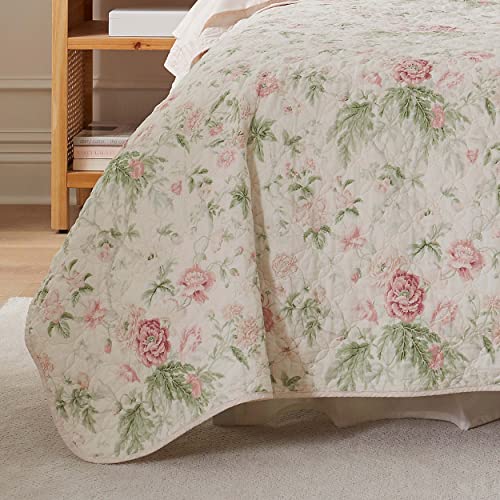 ローラ アシュレイホーム Laura Ashley Home シングルキルトセット リバーシブルコットン寝具 枕カバー付きオールシーズン軽量寝具 フローラルピンク グリーン