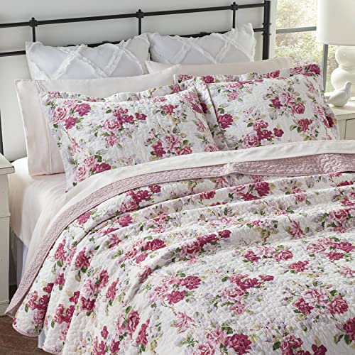 Laura Ashleyローラアシュレイ リディア ピンク リバーシブル 軽量 コットン キルトセット 枕カバー付き シングルサイズ
