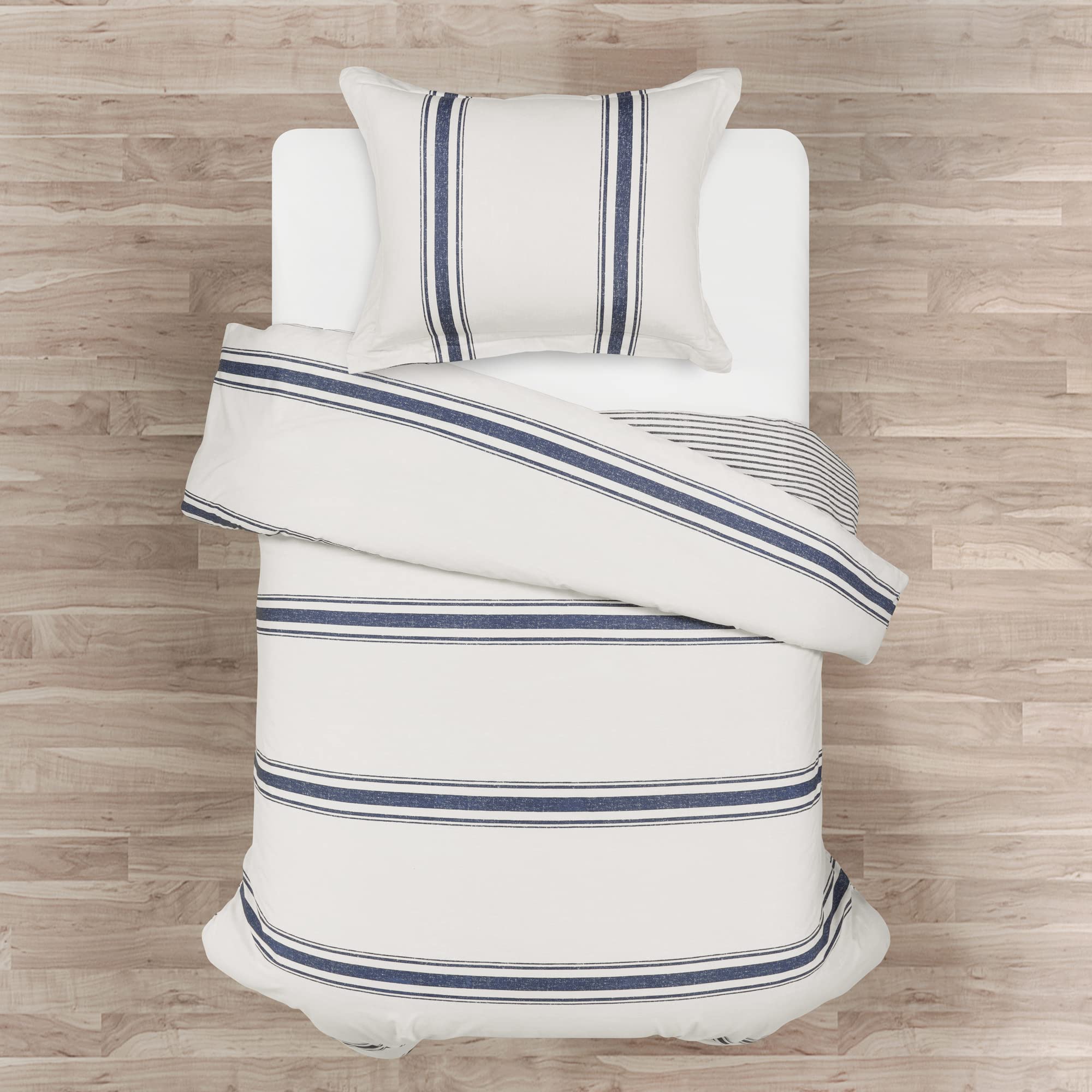 Lush Decor ファームハウスストライプ リバーシブル コットン布団カバーセット 2点セット ツインXL ネイビー ツイン寝具セット 寮装飾 ストライプ布団カバー キッズまたはティーン用 ファームハウス寝室装飾