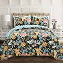 Lush Decor シドニー リバーシブル コットンキルトセット 3点セット フル/クイーン ブラック&ブルー コットン寝具セット ブラックフローラルキルト コテージ装飾 寝具クイーンサイズ