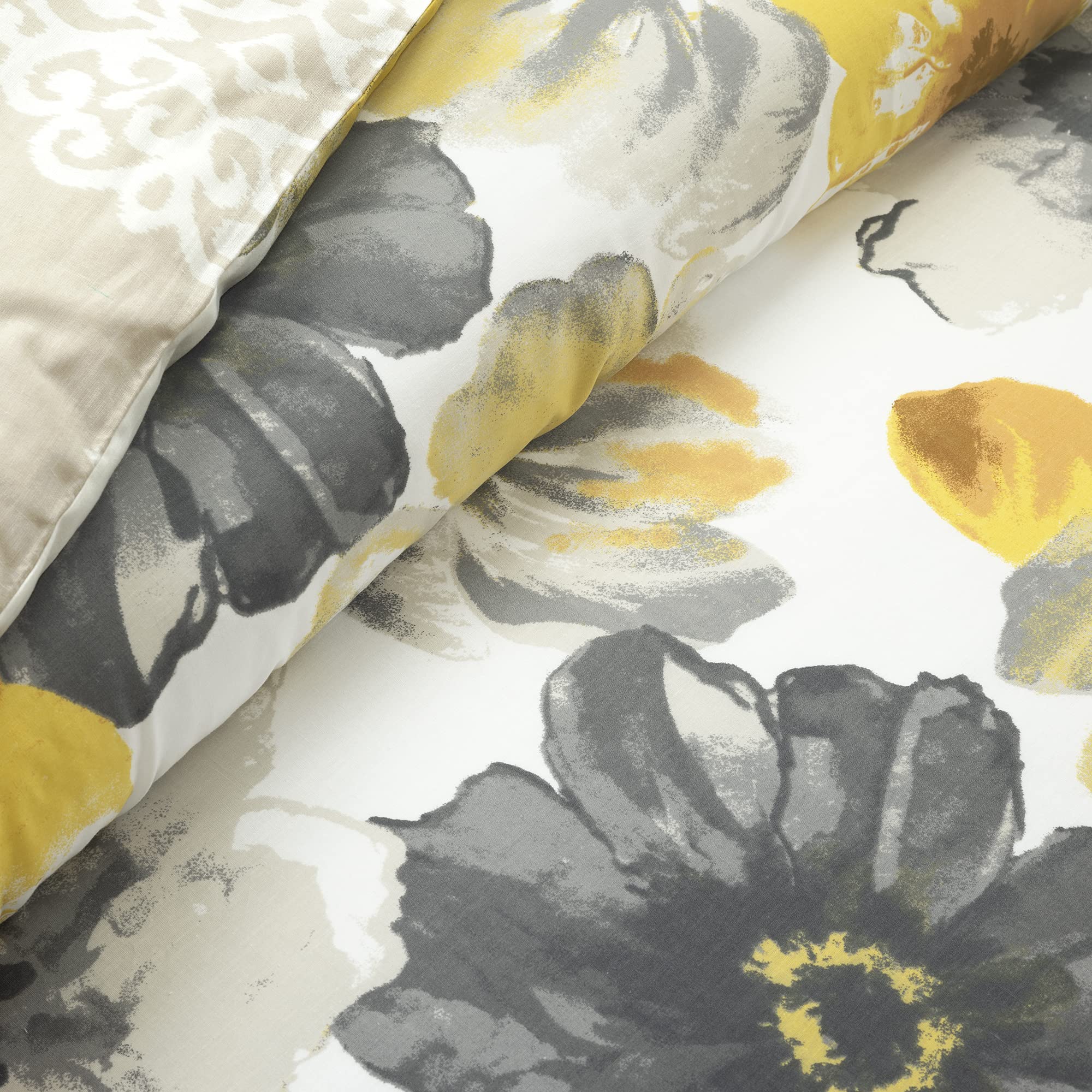 Lush Decor リア リバーシブル 100%コットン布団カバーセット 3点セット フル/クイーン イエロー&グレー クイーン寝具セット イエロー布団カバー カントリーフローラル装飾 [2]
