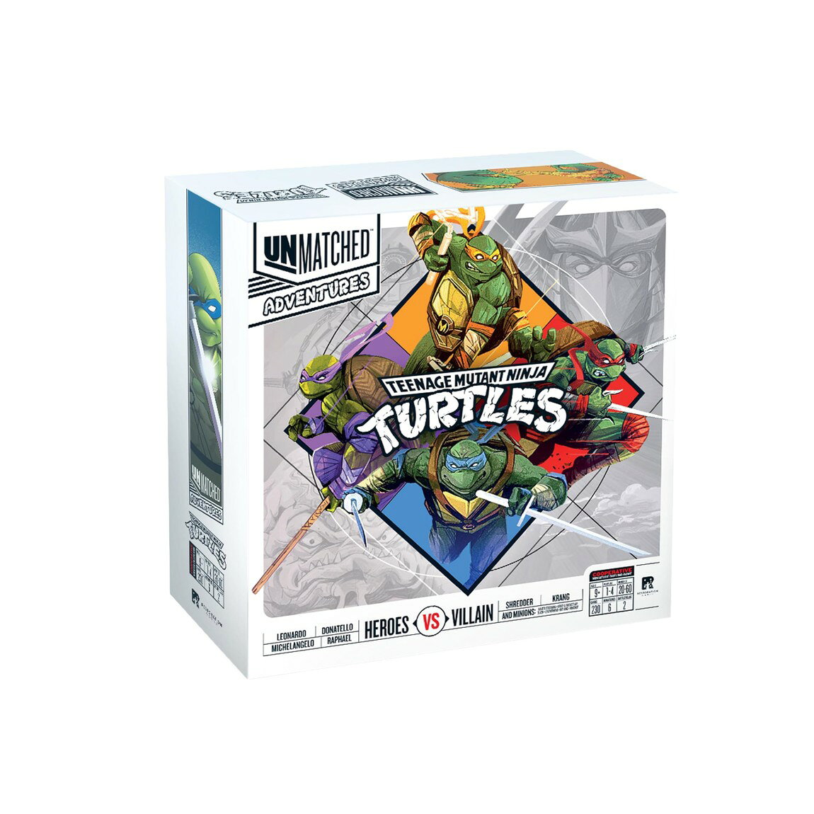 PRODUCT DETAILS Unmatched Adventures Teenage Mutant Ninja Turtles 英語版 ボードゲーム 協力・対戦 1-4人用 対象年齢9歳以上【商品仕様】・ アイテム種別：ボードゲーム（独立型拡張セット）・ プレイ人数：1-4人・ 対象年齢：9歳以上・ プレイ時間：約20-60分・ 登場ヒーロー：レオナルド、ミケランジェロ、ドナテロ、ラファエロ・ 付属内容：フィギュア、ヘルスダイヤル、キャラクター専用デッキ、ヴィラン用デッキ、ミニオン、マップボード等【特徴】・ タートルズの4人のヒーローを操作し、シュレッダーやクランゲといったヴィランに立ち向かう協力型・対戦型の戦略ゲームです。・ 各キャラクターは固有のフィギュア、ヘルスダイヤル、非対称のデッキを持っており、それぞれの忍者のスキルを活かした個別のプレイスタイルが楽しめます。・ ストーリーに基づいた協力ミッションのほか、プレイヤー同士で戦う対戦モードも搭載されています。・ Unmatchedシリーズの他セットと互換性があるため、他のキャラクターと組み合わせてクロスオーバーバトルを展開することが可能です。【ご注意】・ 海外版（輸入品）のため、付属の説明書がある場合は英語表記となります。・ カードやコンポーネントに言語依存のテキストが含まれます。 ■ 商品について 海外輸入品（説明書は英語表記の場合あり） ■ ご注意 ・掲載画像は実物に近い色味になるよう調整しておりますが、ご利用の環境により差異が生じる場合があります。・複数店舗で在庫を共有しているため、ご注文後に在庫切れとなる場合がございます。 ■ 納期について お届けの目安を必ずご確認ください。 海外正規ルート仕入れ品 海外ブランド ▼ 海外正規ブランド店 正規代理店 ▼ 当 店 ※本商品は並行輸入品です 製造元は正規品と同一のブランド・メーカーです。当店では海外正規ルートより仕入れた商品を取り扱っております。流通ルートが異なるのみで、商品自体に違いはございません。 ── 当店の商品について ── 正規品のみ取り扱い 海外正規店・正規代理店から商品を直接仕入れ、国内に輸入して販売しております。 日本未入荷・海外限定モデルも多数 日本未入荷・海外限定モデルも多数取り扱っております。サイズ・カラー違いや海外限定で販売された製品など、日本では手に入りにくいアイテムをお届けいたします。 お求めやすい価格の理由 海外市場での価格差や流通ルートの違いにより、国内販売価格よりお求めやすくなっております。品質はそのままに、よりお手頃な価格でお届けいたします。 安心保証 ご使用前に万が一、製品に不具合がございました場合は、交換または商品代金のご返金にて対応させていただきます。商品到着後5日以内にご連絡ください。 ご注意 海外からの輸入品となります。海外輸送のため、外箱に軽微なスレ等がある場合がございますが、商品本体には影響ございません。 ※在庫状況は仕入先の在庫情報をもとに出来る限り正確に表示しておりますが、取寄せ商品のため、タイミングによりご注文後に欠品・キャンセルとなる場合がございます。 お探しの商品がございましたら、お気軽にご相談ください。