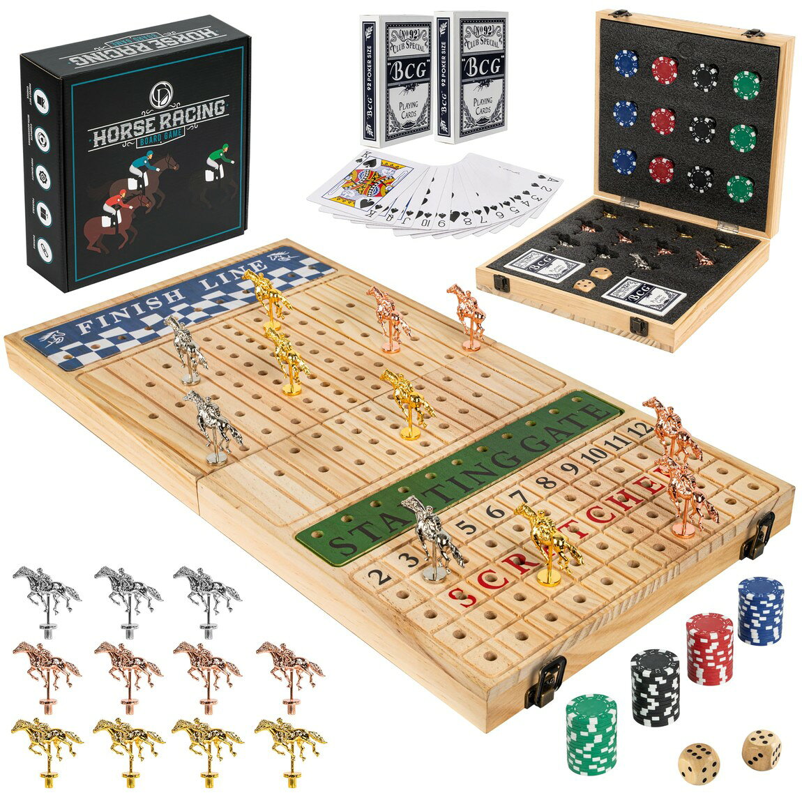 PRODUCT DETAILS Horse Racing Board Game 英語版 ボードゲーム 木製 ダービー 11頭のメタルホース 家族 友人 大人用【商品仕様】・ アイテム種別：ボードゲーム・ 素材：天然木、金属（馬のコマ）・ ボードサイズ：約58.4cm x 30.5cm（展開時）・ 内容物：木製ゲームボード、メタルホース 11体（ゴールド4、シルバー4、ローズゴールド3）、カード 2パック、木製ダイス 2個、チップ・ 対象：大人、ファミリー【特徴】・ 天然木を使用した大型の折りたたみ式ボードでプレイする、クラシックなダービー形式の競馬ボードゲームです。・ ゴールド、シルバー、ローズゴールドの3色で仕上げられた金属製の馬のコマが、ゲームを彩ります。・ カードとダイスを使用して馬を進めるシンプルなルールで、初心者から経験者まで幅広く楽しめます。・ カード、ダイス、チップなどゲームに必要なコンポーネントがすべて揃ったセット内容です。【ご注意】・ 海外版（輸入品）のため、付属の説明書がある場合は英語表記となります。・ カード等のコンポーネントに英語の表記が含まれる場合があります。 ■ 商品について 海外輸入品（説明書は英語表記の場合あり） ■ ご注意 ・掲載画像は実物に近い色味になるよう調整しておりますが、ご利用の環境により差異が生じる場合があります。・複数店舗で在庫を共有しているため、ご注文後に在庫切れとなる場合がございます。 ■ 納期について お届けの目安を必ずご確認ください。 海外正規ルート仕入れ品 海外ブランド ▼ 海外正規ブランド店 正規代理店 ▼ 当 店 ※本商品は並行輸入品です 製造元は正規品と同一のブランド・メーカーです。当店では海外正規ルートより仕入れた商品を取り扱っております。流通ルートが異なるのみで、商品自体に違いはございません。 ── 当店の商品について ── 正規品のみ取り扱い 海外正規店・正規代理店から商品を直接仕入れ、国内に輸入して販売しております。 日本未入荷・海外限定モデルも多数 日本未入荷・海外限定モデルも多数取り扱っております。サイズ・カラー違いや海外限定で販売された製品など、日本では手に入りにくいアイテムをお届けいたします。 お求めやすい価格の理由 海外市場での価格差や流通ルートの違いにより、国内販売価格よりお求めやすくなっております。品質はそのままに、よりお手頃な価格でお届けいたします。 安心保証 ご使用前に万が一、製品に不具合がございました場合は、交換または商品代金のご返金にて対応させていただきます。商品到着後5日以内にご連絡ください。 ご注意 海外からの輸入品となります。海外輸送のため、外箱に軽微なスレ等がある場合がございますが、商品本体には影響ございません。 ※在庫状況は仕入先の在庫情報をもとに出来る限り正確に表示しておりますが、取寄せ商品のため、タイミングによりご注文後に欠品・キャンセルとなる場合がございます。 お探しの商品がございましたら、お気軽にご相談ください。