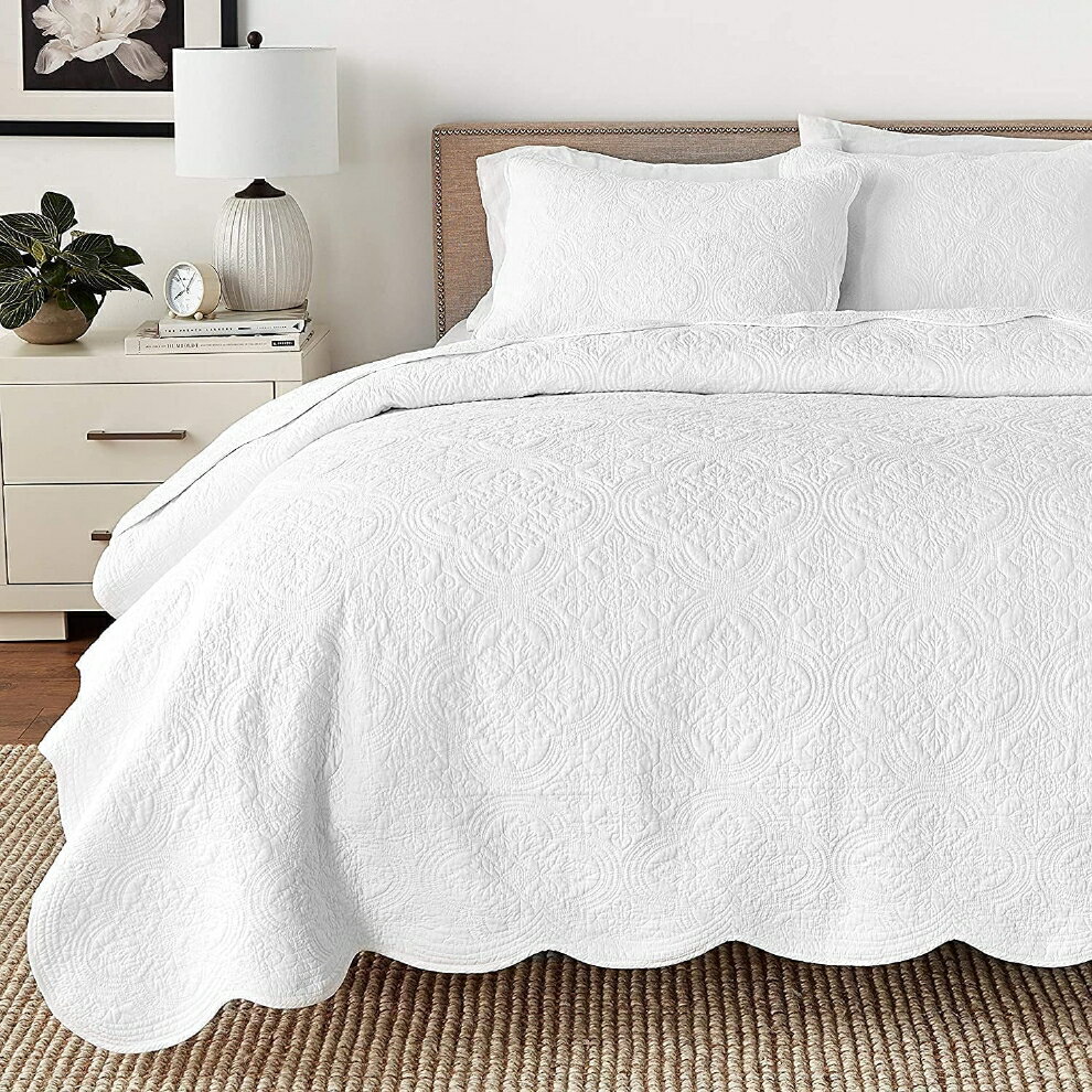 Cozy Line Home Fashions ビクトリアン メダリオン ソリッド ホワイト エンボス加工 100 コットン リバーシブル クイーンサイズ ベッドカバー ピローカバーセット