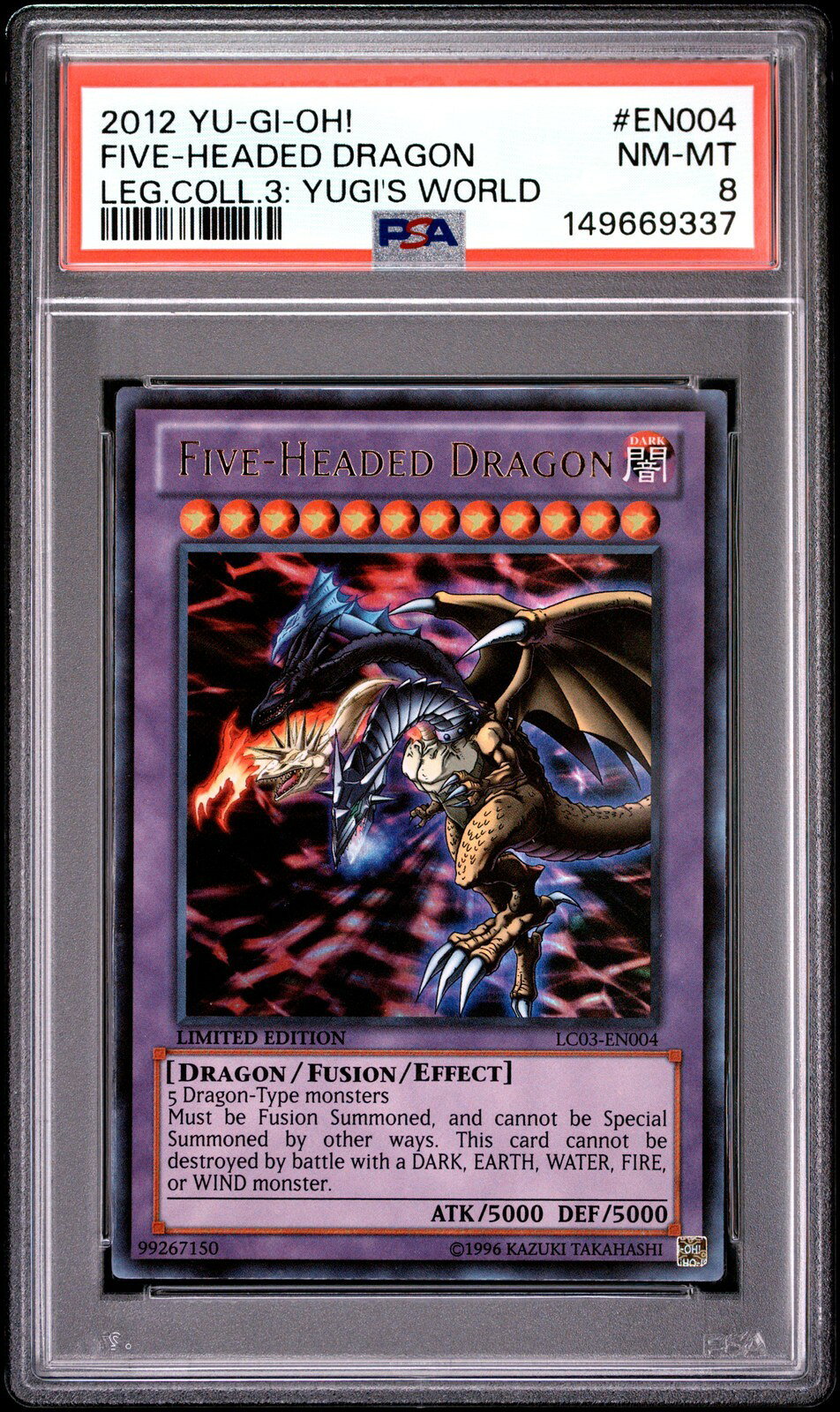 PRODUCT DETAILS 【商品情報】・鑑定機関: PSA・グレード: 8・カード名（キャラクター）: FIVE-HEADED DRAGON・年式・シリーズ（セット名）: 2012 YU-GI-OH! LEGENDARY COLLECTION 3: YUGI'S WORLD・カード番号: なし・種別: なし・シリアル: なし【コンディション】・第三者鑑定機関PSAにより鑑定・スラブ封入された現品です。・状態はPSAのグレード表記に準じます。・スラブは未開封のまま発送します。・鑑定番号はPSA公式サイトで照合可能です。【ご注意】・本商品は海外直輸入中古品です。・海外倉庫からのお取り寄せのため、発送までに数日〜2〜3週間程度かかる場合があります。・1点限りの商品です。ご注文後に万一入手できない場合はキャンセル・返金とさせていただきます。・鑑定済みスラブ品のため、返品・返金保証の対象外（現状品）となります。 ■ 商品について 海外輸入品（説明書は英語表記の場合あり） ■ ご注意 ・掲載画像は実物に近い色味になるよう調整しておりますが、ご利用の環境により差異が生じる場合があります。・複数店舗で在庫を共有しているため、ご注文後に在庫切れとなる場合がございます。 ■ 納期について お届けの目安を必ずご確認ください。 海外正規ルート仕入れ品 海外ブランド ▼ 海外正規ブランド店 正規代理店 ▼ 当 店 ※本商品は並行輸入品です 製造元は正規品と同一のブランド・メーカーです。当店では海外正規ルートより仕入れた商品を取り扱っております。流通ルートが異なるのみで、商品自体に違いはございません。 ── 当店の商品について ── 正規品のみ取り扱い 海外正規店・正規代理店から商品を直接仕入れ、国内に輸入して販売しております。 日本未入荷・海外限定モデルも多数 日本未入荷・海外限定モデルも多数取り扱っております。サイズ・カラー違いや海外限定で販売された製品など、日本では手に入りにくいアイテムをお届けいたします。 お求めやすい価格の理由 海外市場での価格差や流通ルートの違いにより、国内販売価格よりお求めやすくなっております。品質はそのままに、よりお手頃な価格でお届けいたします。 安心保証 ご使用前に万が一、製品に不具合がございました場合は、交換または商品代金のご返金にて対応させていただきます。商品到着後5日以内にご連絡ください。 ご注意 海外からの輸入品となります。海外輸送のため、外箱に軽微なスレ等がある場合がございますが、商品本体には影響ございません。 ※在庫状況は仕入先の在庫情報をもとに出来る限り正確に表示しておりますが、取寄せ商品のため、タイミングによりご注文後に欠品・キャンセルとなる場合がございます。 お探しの商品がございましたら、お気軽にご相談ください。