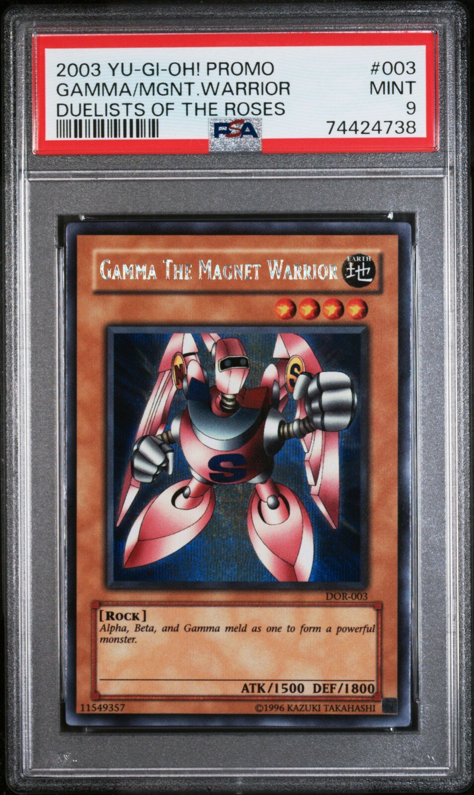 PRODUCT DETAILS 【商品情報】・鑑定機関:PSA・グレード:9・カード名（キャラクター）:GAMMA THE MAGNET WARRIOR (磁石の戦士γ)・年式・シリーズ（セット名）:2003 DUELISTS OF THE ROSES・カード番号:#003・種別:プロモ・シリアル:なし【コンディション】・第三者鑑定機関PSAにより鑑定・スラブ封入された現品です。・状態はPSAのグレード表記に準じます。・スラブは未開封のまま発送します。・鑑定番号はPSA公式サイトで照合可能です。【ご注意】・本商品は海外直輸入中古品です。・海外倉庫からのお取り寄せのため、発送までに数日〜2〜3週間程度かかる場合があります。・1点限りの商品です。ご注文後に万一入手できない場合はキャンセル・返金とさせていただきます。・鑑定済みスラブ品のため、返品・返金保証の対象外（現状品）となります。 ■ 商品について 海外輸入品（説明書は英語表記の場合あり） ■ ご注意 ・掲載画像は実物に近い色味になるよう調整しておりますが、ご利用の環境により差異が生じる場合があります。・複数店舗で在庫を共有しているため、ご注文後に在庫切れとなる場合がございます。 ■ 納期について お届けの目安を必ずご確認ください。 海外正規ルート仕入れ品 海外ブランド ▼ 海外正規ブランド店 正規代理店 ▼ 当 店 ※本商品は並行輸入品です 製造元は正規品と同一のブランド・メーカーです。当店では海外正規ルートより仕入れた商品を取り扱っております。流通ルートが異なるのみで、商品自体に違いはございません。 ── 当店の商品について ── 正規品のみ取り扱い 海外正規店・正規代理店から商品を直接仕入れ、国内に輸入して販売しております。 日本未入荷・海外限定モデルも多数 日本未入荷・海外限定モデルも多数取り扱っております。サイズ・カラー違いや海外限定で販売された製品など、日本では手に入りにくいアイテムをお届けいたします。 お求めやすい価格の理由 海外市場での価格差や流通ルートの違いにより、国内販売価格よりお求めやすくなっております。品質はそのままに、よりお手頃な価格でお届けいたします。 安心保証 ご使用前に万が一、製品に不具合がございました場合は、交換または商品代金のご返金にて対応させていただきます。商品到着後5日以内にご連絡ください。 ご注意 海外からの輸入品となります。海外輸送のため、外箱に軽微なスレ等がある場合がございますが、商品本体には影響ございません。 ※在庫状況は仕入先の在庫情報をもとに出来る限り正確に表示しておりますが、取寄せ商品のため、タイミングによりご注文後に欠品・キャンセルとなる場合がございます。 お探しの商品がございましたら、お気軽にご相談ください。