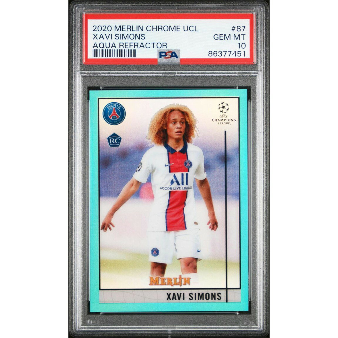 サッカー 2020 Topps Merlin Chrome UCL シャビ・シモンズ Aqua Refractor /199 PSA 10 鑑定済