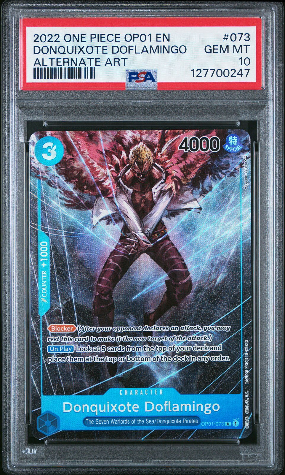 ワンピース英語版 2022 OP01-ROMANCE DAWN DONQUIXOTE DOFLAMINGO ALTERNATE ART #073 PSA10 鑑定済【中古】
