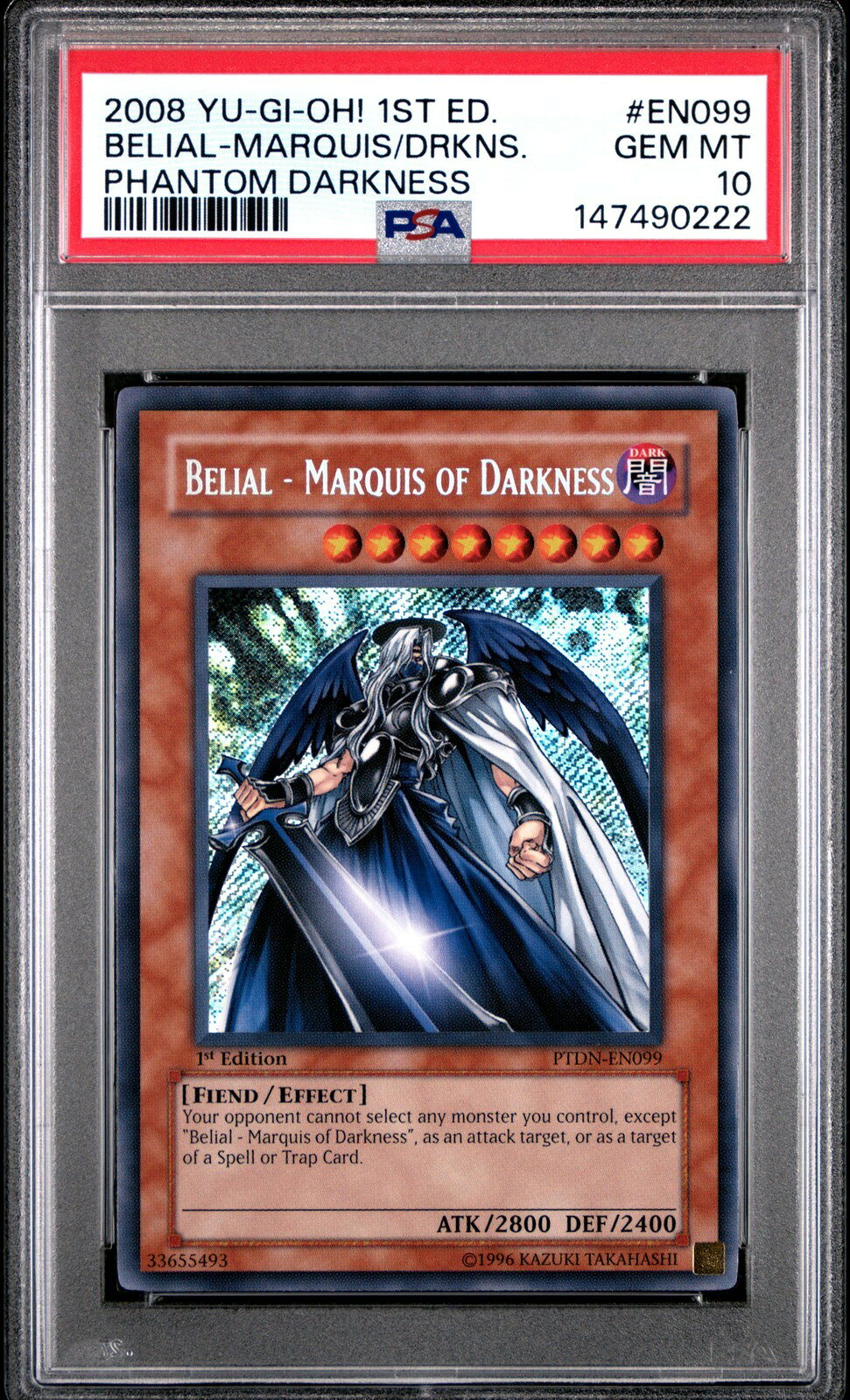 PRODUCT DETAILS 【商品情報】・鑑定機関: PSA・グレード: 10・カード名（キャラクター）: BELIAL-MARQUIS OF DARKNESS・年式・シリーズ（セット名）: 2008 PTDN-PHANTOM DARKNESS・カード番号: #EN099・種別: なし・シリアル: なし【コンディション】・第三者鑑定機関PSAにより鑑定・スラブ封入された現品です。・状態はPSAのグレード表記に準じます。・スラブは未開封のまま発送します。・鑑定番号はPSA公式サイトで照合可能です。【ご注意】・本商品は海外直輸入中古品です。・海外倉庫からのお取り寄せのため、発送までに数日〜2〜3週間程度かかる場合があります。・1点限りの商品です。ご注文後に万一入手できない場合はキャンセル・返金とさせていただきます。・鑑定済みスラブ品のため、返品・返金保証の対象外（現状品）となります。 ■ 商品について 海外輸入品（説明書は英語表記の場合あり） ■ ご注意 ・掲載画像は実物に近い色味になるよう調整しておりますが、ご利用の環境により差異が生じる場合があります。・複数店舗で在庫を共有しているため、ご注文後に在庫切れとなる場合がございます。 ■ 納期について お届けの目安を必ずご確認ください。 海外正規ルート仕入れ品 海外ブランド ▼ 海外正規ブランド店 正規代理店 ▼ 当 店 ※本商品は並行輸入品です 製造元は正規品と同一のブランド・メーカーです。当店では海外正規ルートより仕入れた商品を取り扱っております。流通ルートが異なるのみで、商品自体に違いはございません。 ── 当店の商品について ── 正規品のみ取り扱い 海外正規店・正規代理店から商品を直接仕入れ、国内に輸入して販売しております。 日本未入荷・海外限定モデルも多数 日本未入荷・海外限定モデルも多数取り扱っております。サイズ・カラー違いや海外限定で販売された製品など、日本では手に入りにくいアイテムをお届けいたします。 お求めやすい価格の理由 海外市場での価格差や流通ルートの違いにより、国内販売価格よりお求めやすくなっております。品質はそのままに、よりお手頃な価格でお届けいたします。 安心保証 ご使用前に万が一、製品に不具合がございました場合は、交換または商品代金のご返金にて対応させていただきます。商品到着後5日以内にご連絡ください。 ご注意 海外からの輸入品となります。海外輸送のため、外箱に軽微なスレ等がある場合がございますが、商品本体には影響ございません。 ※在庫状況は仕入先の在庫情報をもとに出来る限り正確に表示しておりますが、取寄せ商品のため、タイミングによりご注文後に欠品・キャンセルとなる場合がございます。 お探しの商品がございましたら、お気軽にご相談ください。