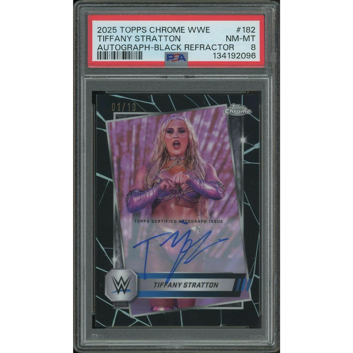 WWE 2025 Topps Chrome ティファニー・ストラットン Black Refractor Auto #182 /10 PSA 8 鑑定済