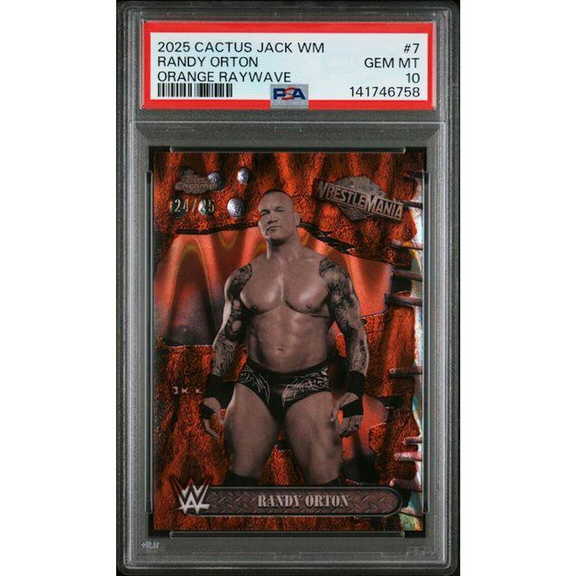 レスリング 2025 Topps Chrome x Cactus Jack Wrestlemania ランディ・オートン Orange Raywave /25 #7 PSA 10 鑑定済