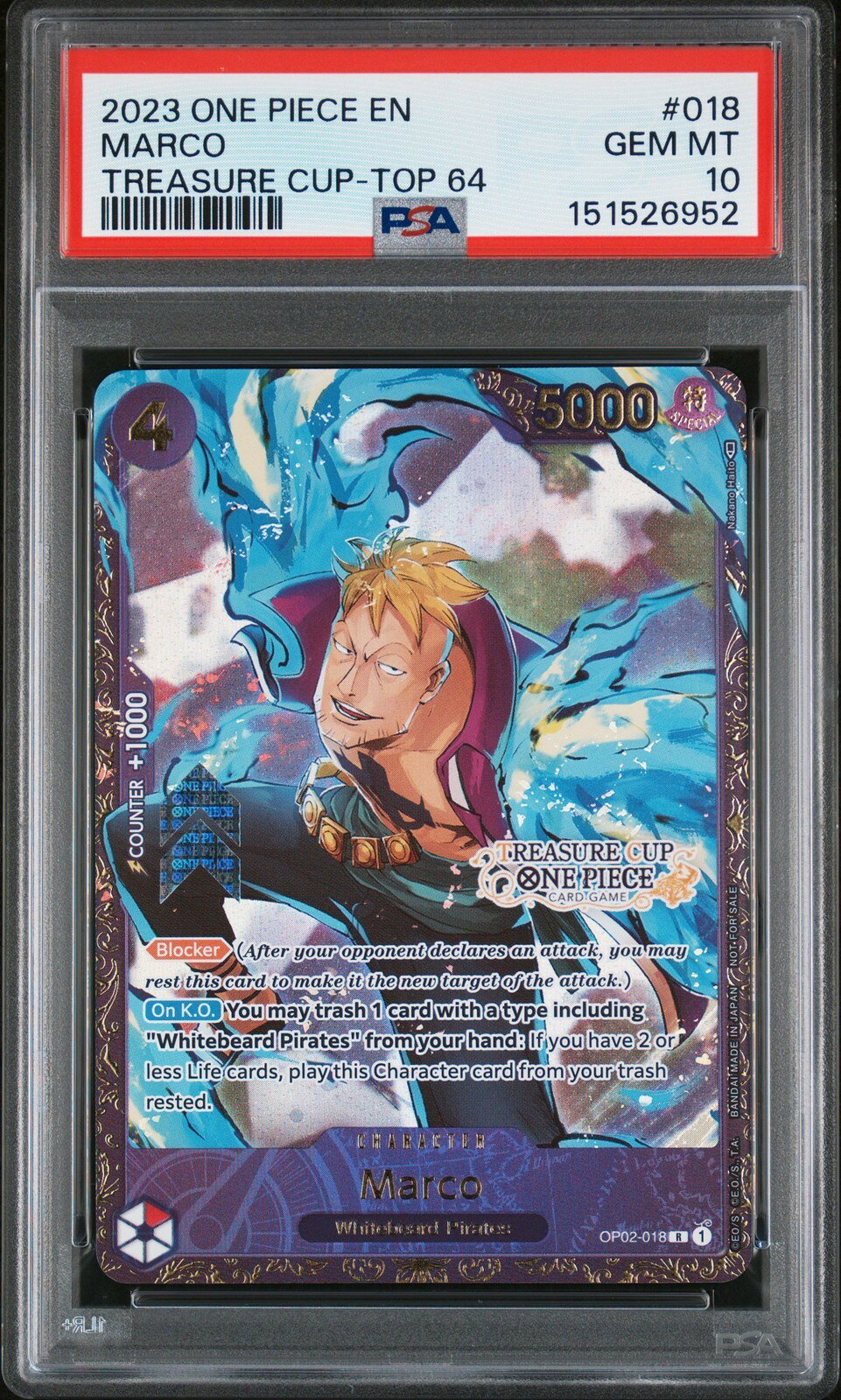 ワンピース英語版 2023 ONE PIECE PROMOS TREASURE CUP 2023-TOP 64 MARCO PROMOS #018 PSA 10 鑑定済